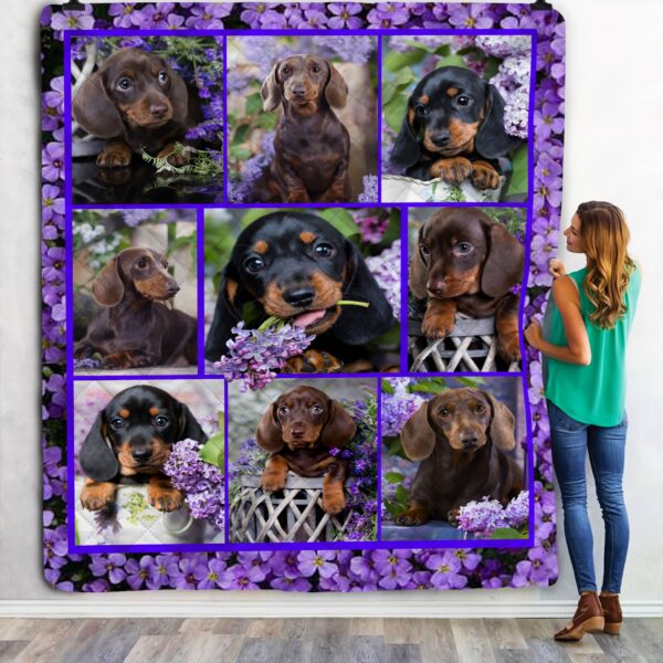 Cutie Dachshund And Lilac Flower Fleece Blanket Sherpa Blanket