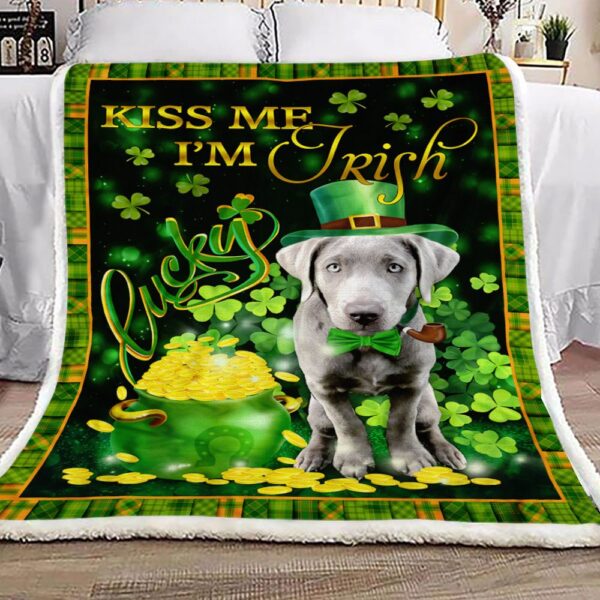 Silver Labrador Kiss Me I Am Irish St Patricks Day Fleece Blanket Sherpa Blanket
