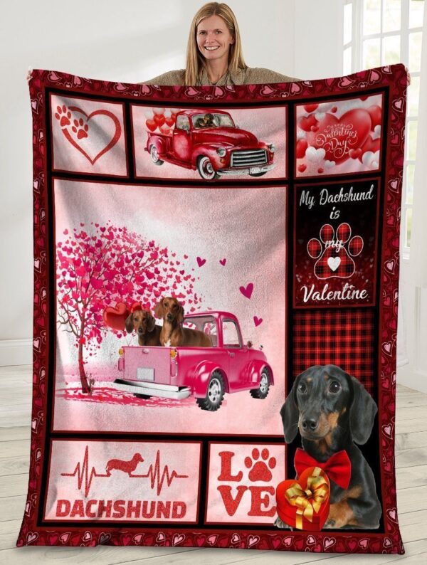 Dog Valentine's Day Gifts My Dachshund Is My Valentine Dachshund Doxie Weiner Dog Pink Truck Fleece Blanket Sherpa Blanket
