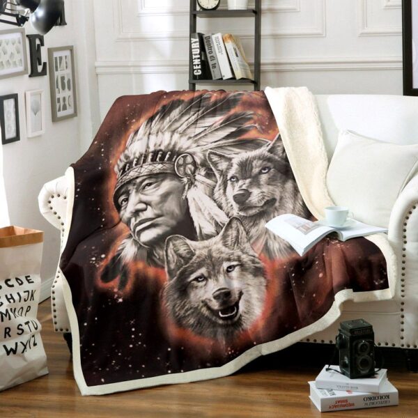 Native American With Wolves Fleece Blanket Sherpa Blanket