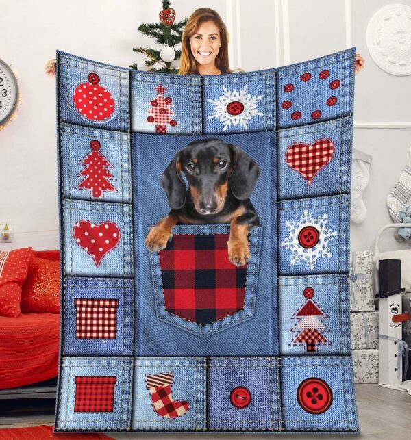 Dachshund In Demin Pocket Fleece Blanket Sherpa Blanket