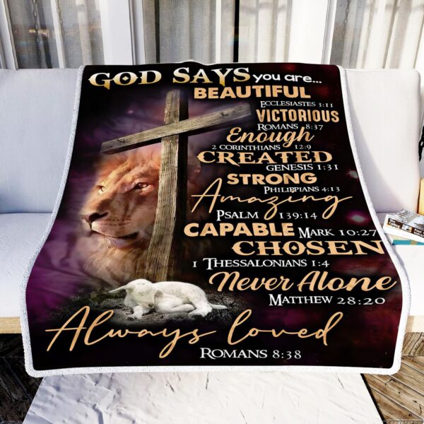 Lion And Lamb God Says Fleece Blanket Sherpa Blanket