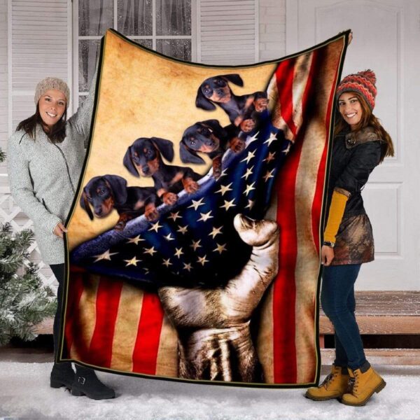 Dachshund Puppies American Flag Fleece Blanket Sherpa Blanket