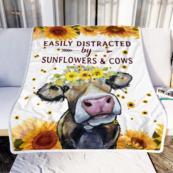 Easily Distracted By Sunflowers And Cows Fleece Blanket Sherpa Blanket