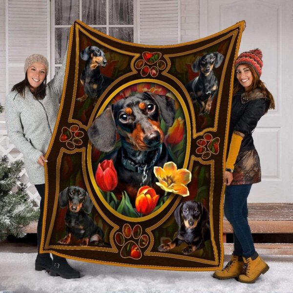 Tulips And Dachshund Fleece Blanket Sherpa Blanket
