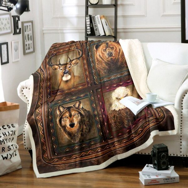 Deer Bear Wolf Eagle Wild America Fleece Blanket Sherpa Blanket