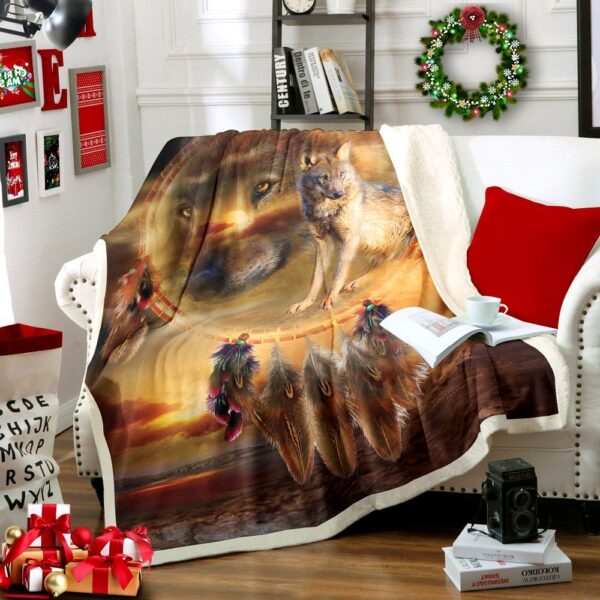 Dreamatcher And Wolf Fleece Blanket Sherpa Blanket