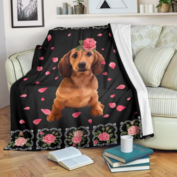 Dachshund With Roses Fleece Blanket Sherpa Blanket