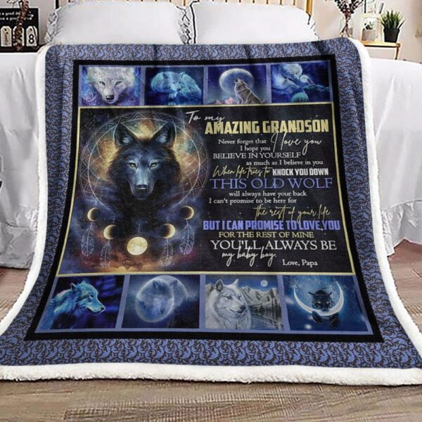 To My Amazing Grandson Wolf Fleece Blanket Sherpa Blanket