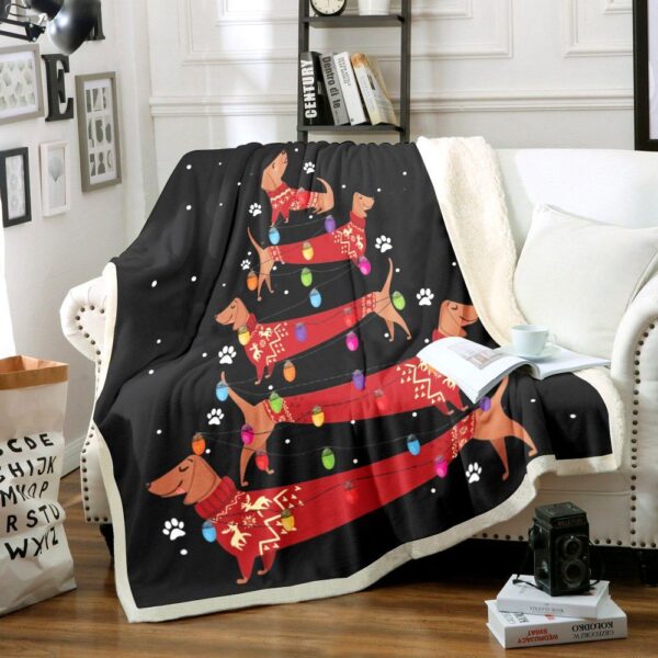 Dachshund Dog Christmas Tree Fleece Blanket Sherpa Blanket