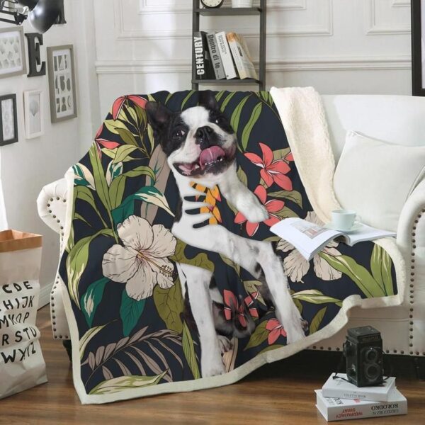 Boston Terrier With Flower Fleece Blanket Sherpa Blanket