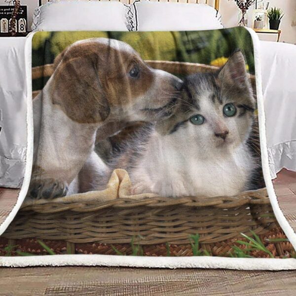 Dachshund And Kitty Fleece Blanket Sherpa Blanket