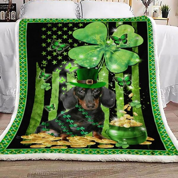 Irish Black Dachshund Patrick Clover Lucky Charm Fleece Blanket Sherpa Blanket