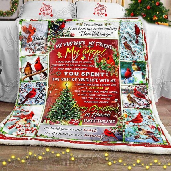 My Husband My Angel Merry Christmas Cardinal Fleece Blanket Sherpa Blanket