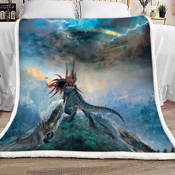 Ufo Visiting Dinosaur Fleece Blanket Sherpa Blanket