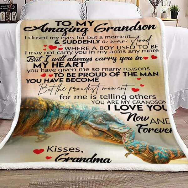 Dinosaurs To My Amazing Grandson Kisses Grandma Fleece Blanket Sherpa Blanket