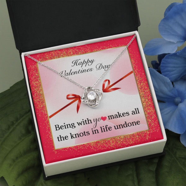 Happy Valentines Day, 14K White Love Knot Necklace