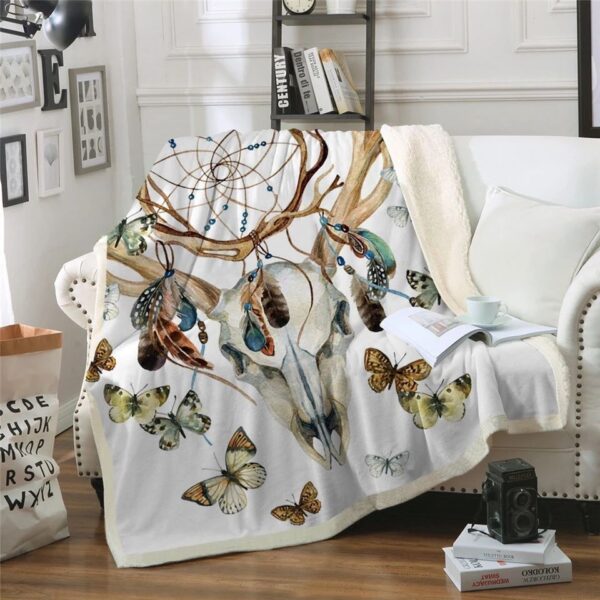 Elk Skull And Butterflies Dreamcatcher Fleece Blanket Sherpa Blanket