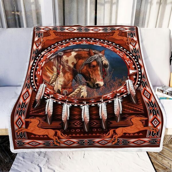 Native American Pattern Horse Fleece Blanket Sherpa Blanket
