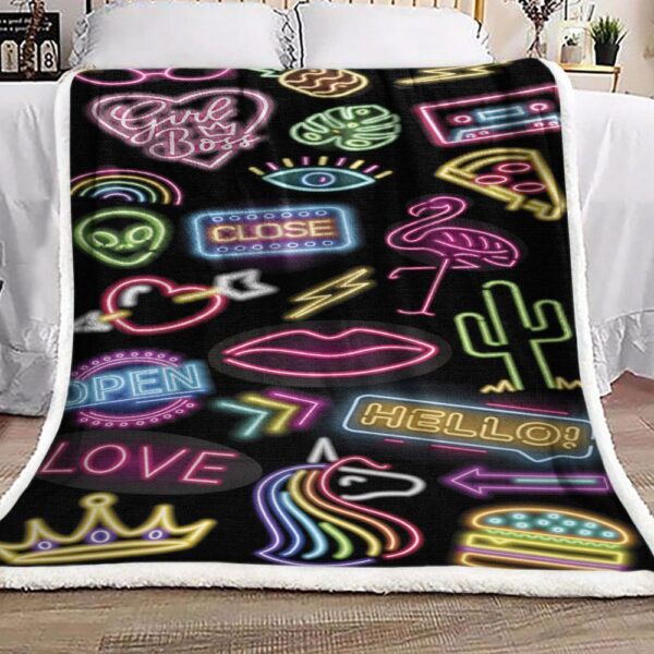 Neon Lights Cactus Lips Flamingo Heart Rainbow Fleece Blanket Sherpa Blanket
