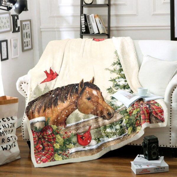 Horse And Cardinal Christmas Fleece Blanket Sherpa Blanket