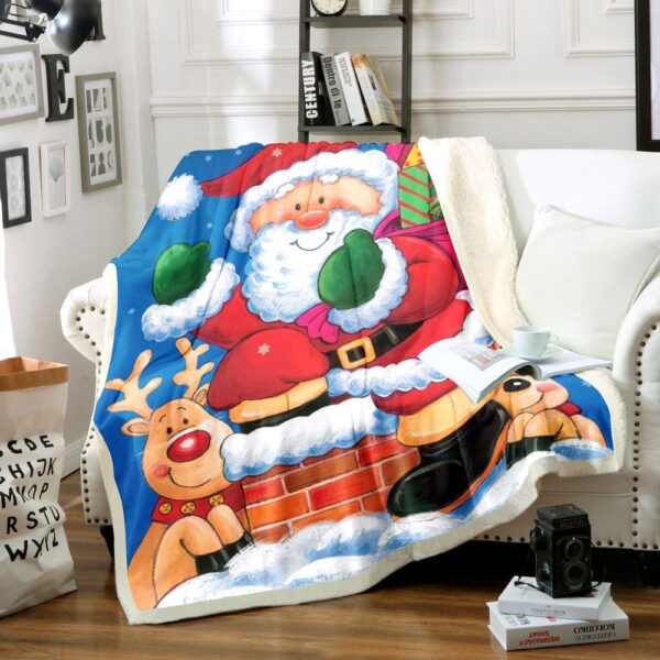 Santa Claus And Reindeer Fleece Blanket Sherpa Blanket