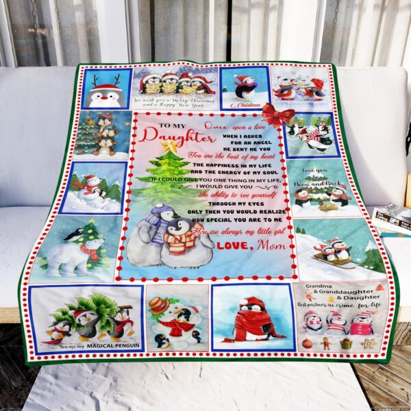 Love My Dear Christmas Penguin Daughter Mom Fleece Blanket Sherpa Blanket