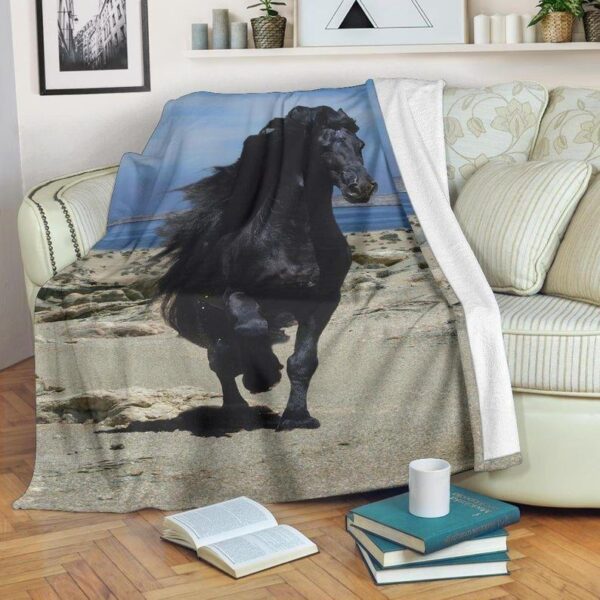 Gorgeous Black Friesian Horse On Beach Fleece Blanket Sherpa Blanket