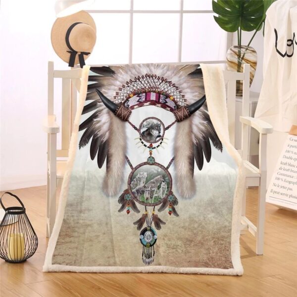 Indian Headpiece With Wolf Dreamcatcher Fleece Blanket Sherpa Blanket