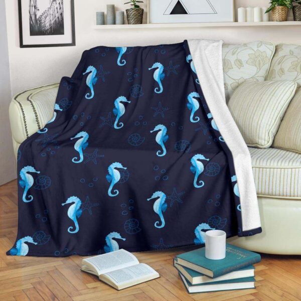 Navy Seahorse Fleece Blanket Sherpa Blanket