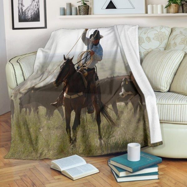 Cowboy Western Horse Roping Cows Fleece Blanket Sherpa Blanket