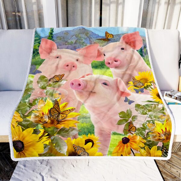 Happy Pig With Sunflowers Fleece Blanket Sherpa Blanket