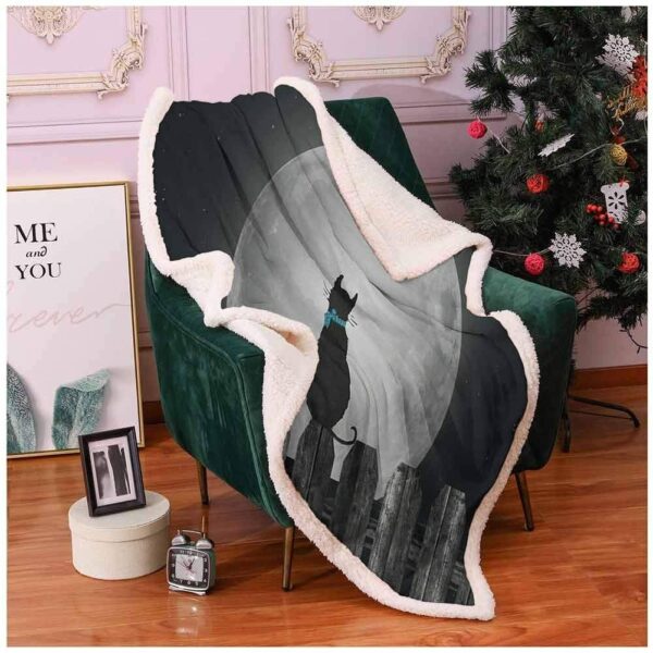 Cat Looking To Full Moon Fleece Blanket Sherpa Blanket