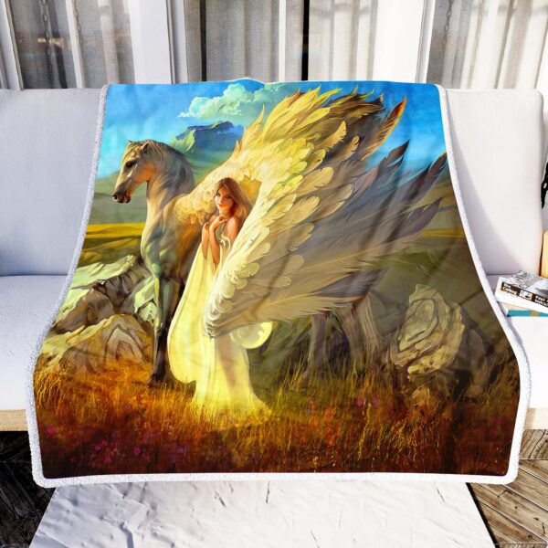 Horse Hug Little Girl With Big Wing Fleece Blanket Sherpa Blanket