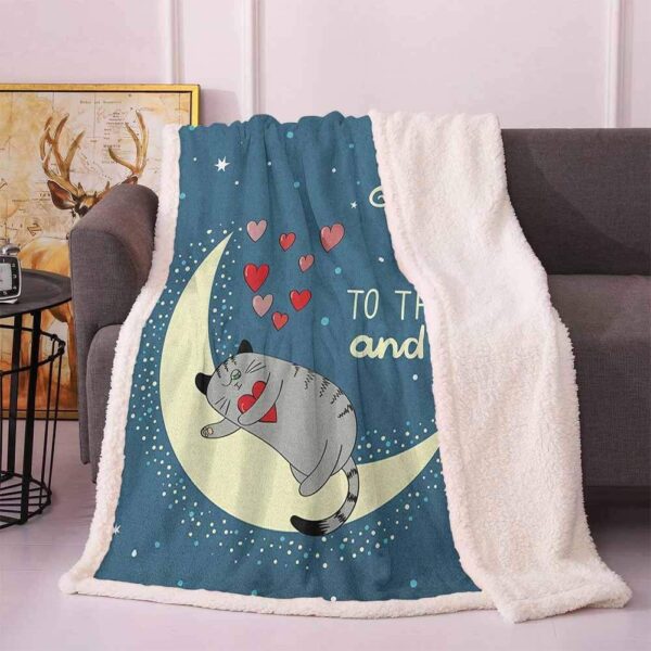 Cat Holding Hearts Over The Moon Fleece Blanket Sherpa Blanket