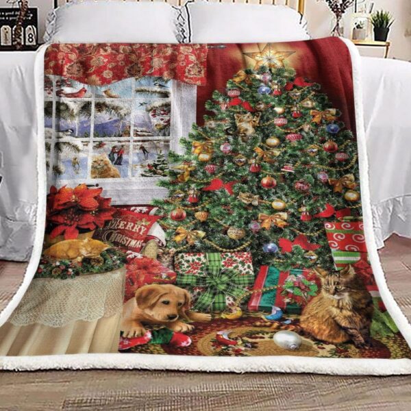 Dog Cat In Christmas House Fleece Blanket Sherpa Blanket
