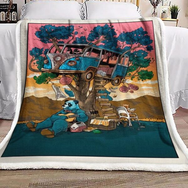 Hippie Bus Panda Guitar Music Cat Tree Fleece Blanket Sherpa Blanket