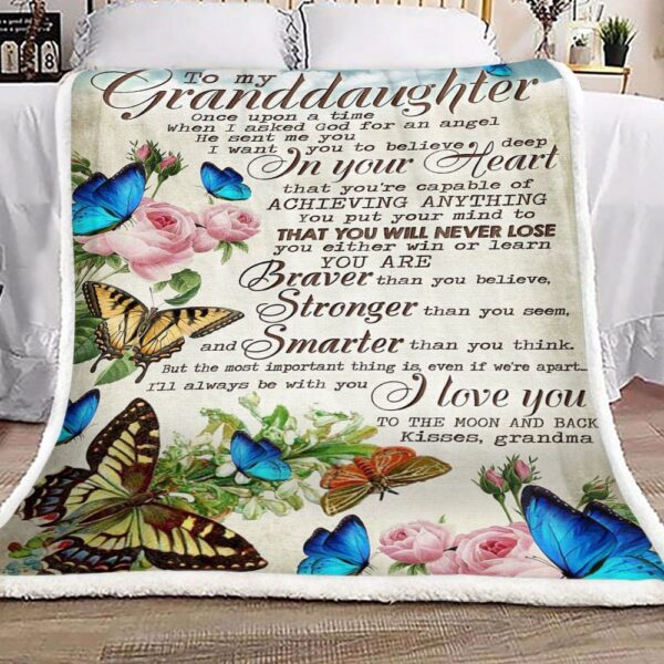 Butterfly Flower To My Granddaughter Kisses Grandma Fleece Blanket Sherpa Blanket