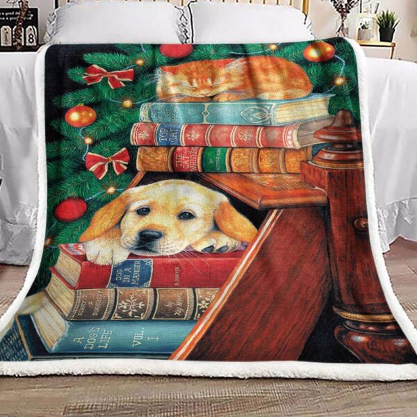 Golden Puppy With Sleeping Cat Fleece Blanket Sherpa Blanket