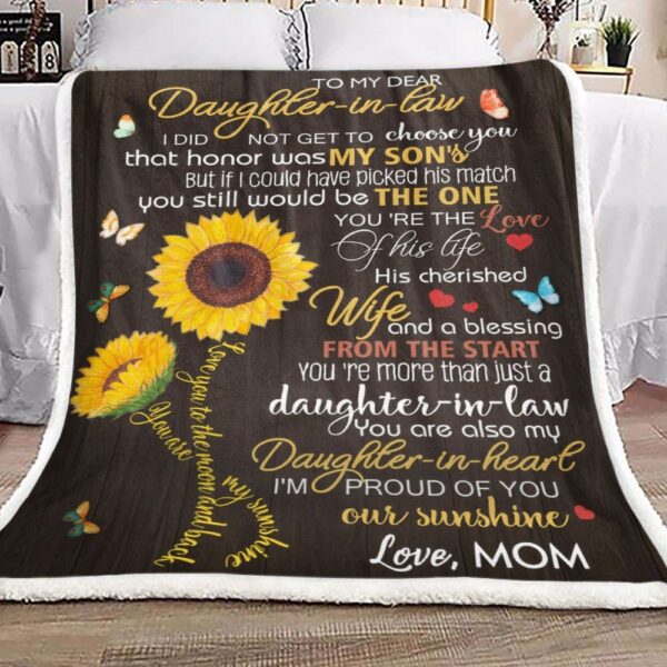 Sunflower Butterfly To My Dear Daughter In Law Love Mom Fleece Blanket Sherpa Blanket