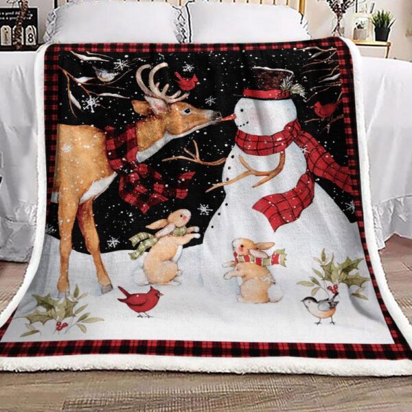 Snowman And Reindeer Fleece Blanket Sherpa Blanket
