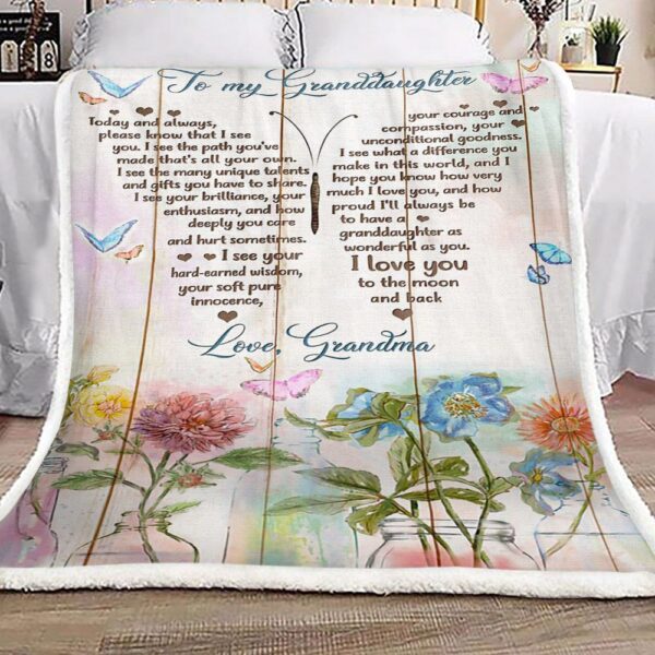 Butterfly Flower To My Granddaughter Love Grandma Fleece Blanket Sherpa Blanket