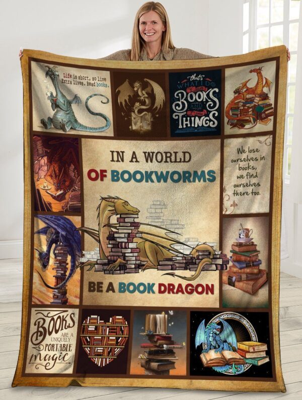 In A World Of Bookworms Be A Book Dragon Bookshelf Book Lover Fleece Blanket Sherpa Blanket