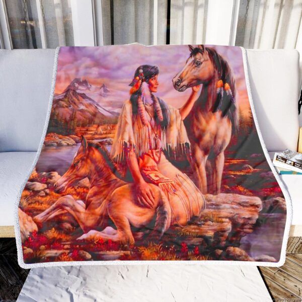 Native America Girl And Her Horse Fleece Blanket Sherpa Blanket