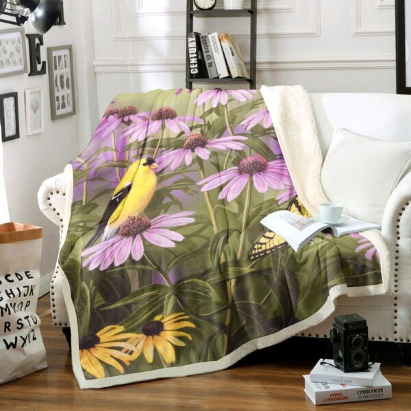 Butterfly And Finch Amongst Flowers Fleece Blanket Sherpa Blanket