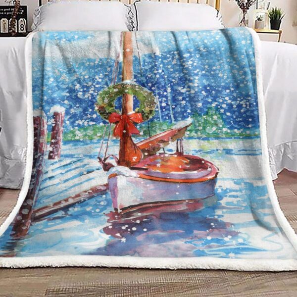 Boat In Snow Christmas Fleece Blanket Sherpa Blanket