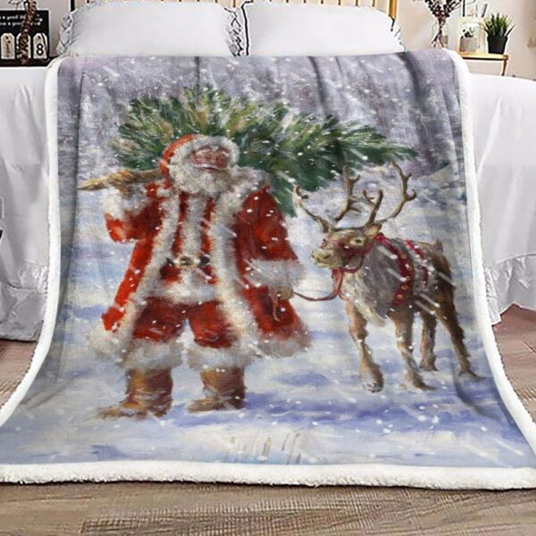 Santa Claus And Reindeer Fleece Blanket Sherpa Blanket