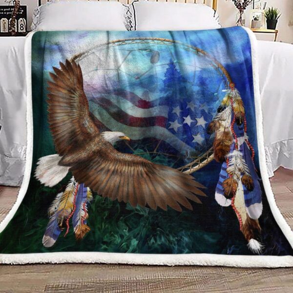Dreamcatcher Spirit Of Eagle Native American American Flag Fleece Blanket Sherpa Blanket