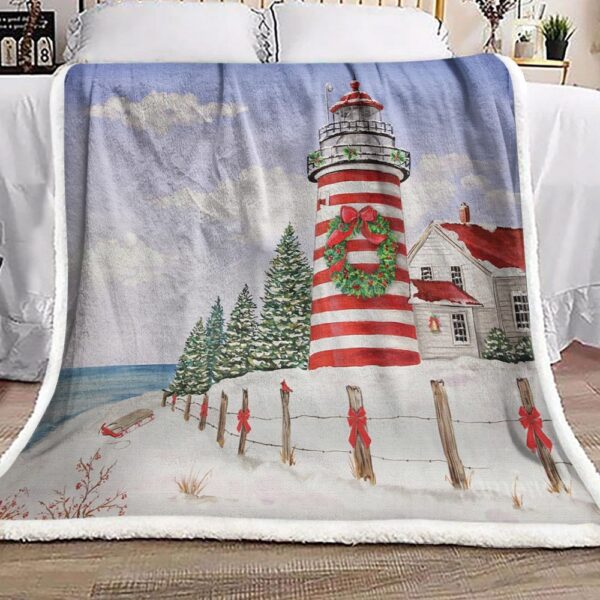 Merry Christmas Lighthouse Fleece Blanket Sherpa Blanket