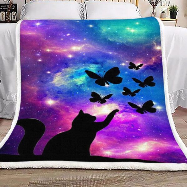 Galaxy Black Cat Butterfly Fleece Blanket Sherpa Blanket